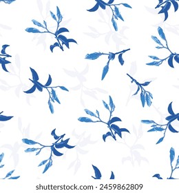 Vintage flower and leaves seamless pattern.Abstract geometric Botanical blue flower leaf indigo blue pattern background. 