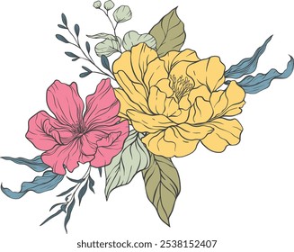 Vintage flower line art colorful summer. Vintage flowers bouquet with spring flowers and leaves for invitation, greeting card, poster, frame, wedding, decoration and more.
