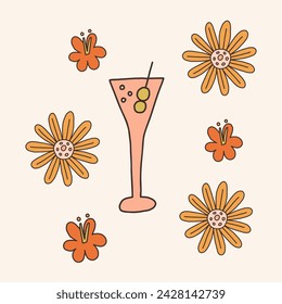 Vintage flower martini cocktail. Vector retro hand drawn groovy illustration posters t-shirts and stickers