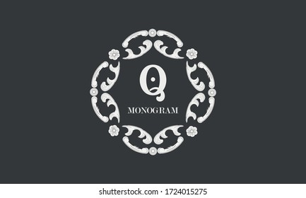 Vintage flower monogram with the letter Q. Exquisite three-dimensional logo. Luxury frame for business sign, label, boutique brand, hotel, restaurant, heraldry.