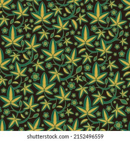 Vintage Flower pattern. Doodle flowers on dark backdrop. Retro floral ornament. Color botanical elements on blue background. Decorative foliage swirl print. Floral antique style wallpaper decor.