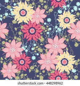 Vintage Flower pattern print for t-shirt, apparel, textile or wrapping. Classic wallpaper with floral elements and various colors. Vector is seamless and repeatable.