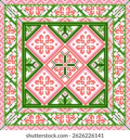 vintage flower pink and green , Cross-Stitch Embroidery - Detailed Vector
Illustration for Textile Print Design , decoration flannel scarf fabric tile carpet vector , backgroud wallpaper  , pixel art