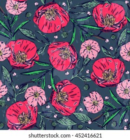 Vintage Flower and Roses pattern print for t-shirt, apparel, textile or wrapping. Classic wallpaper with floral elements and various colors. Vector is seamless and repeatable.