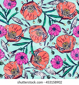 Vintage Flower and Roses pattern print for t-shirt, apparel, textile or wrapping. Classic wallpaper with floral elements in various colors. Vector is seamless and repeatable.