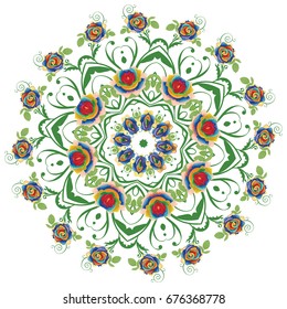 Vintage flower round ornament with rainbow roses, floral composition.