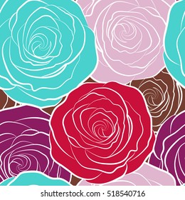 Vintage flower seamless pattern with abstract roses. Hand drawn floral pattern with multicolor stylized rose flowers. Vector flower pattern sketch.