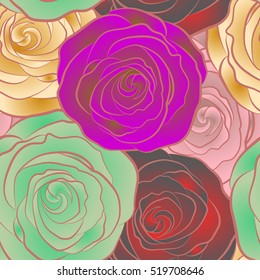 Vintage flower seamless pattern with abstract roses. Hand drawn floral pattern with multicolor stylized rose flowers. Vector flower pattern sketch.