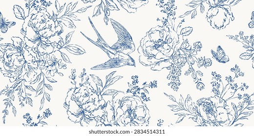 Vintage flower seamless pattern background. Baroque line art victorian rococo floral vintage blue print luxury botanical ornament with bird swallow, leaves, butterflies.. Vector outline illustration