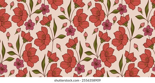 Vintage Flower Seamless Pattern with Beautiful Hand Drawn Botanicals. Elegant cute plants. Nature delicate floral elements. Repeatable feminine design perfect for print, textile, fashion, beauty