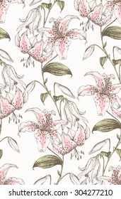Vintage flower seamless pattern. Beautiful background with lily. Hand drawn.