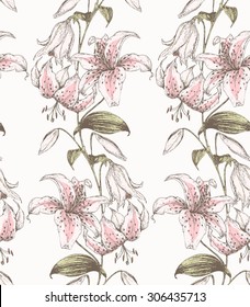 Vintage flower seamless pattern. Beautiful background with lily. Hand drawn.