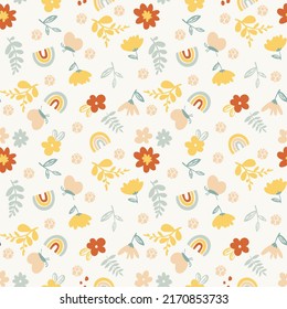 Patrón inmaculado de flor vintage, diseño de bebé color amarillo azul onange, delicada textura floral-arcoiris contemporánea con flores diminutas sobre fondo beige para impresión, textil, papel pintado. Ilustración del vector