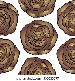 Vintage flower seamless pattern. Brown and yellow roses pattern on a white background. Vector flower pattern sketch. Flower pattern with roses. Hand drawn flower.