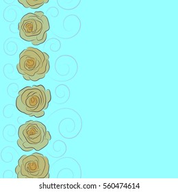 Vintage flower seamless pattern with copy space (place for your text). Flower pattern with roses. Hand drawn rose flowers. Blue, brown and yellow roses pattern. Vertical vector floral sketch.