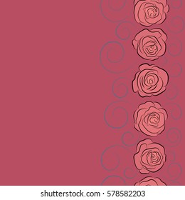 Vintage flower seamless pattern with copy space (place for your text). Hand drawn rose flowers. Flower pattern with roses. Vertical vector floral sketch. Blue and pink roses pattern.