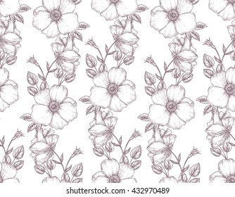 Vintage flower seamless pattern with dog rose. Hand drawn  background. Vector illustration. Design. Sketch.