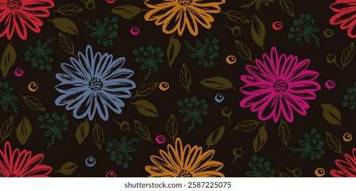 Vintage flor padrão sem emenda com ervas de tinta desenhado à mão elegante. Plantas botânicas pintadas à mão com textura grunge