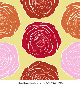 Vintage flower seamless pattern. Hand drawn flower pattern. Vector flower pattern sketch. Red, orange and neutral roses pattern. Flower pattern with roses.