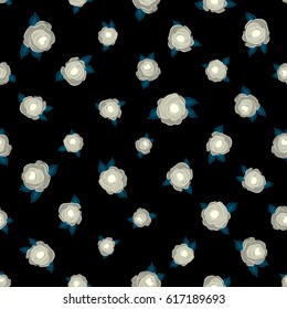 Vintage flower seamless pattern. Hand drawn neutral and blue roses pattern on a black background. Vector floral sketch. Flower pattern with roses.