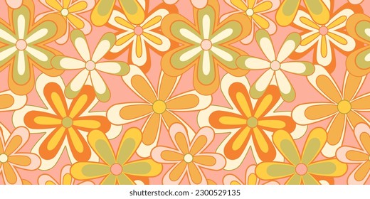 Vintage flower seamless pattern illustration. Retro psychedelic floral background art design. Groovy colorful spring texture, hippie seventies nature backdrop print with repeating daisy flowers.