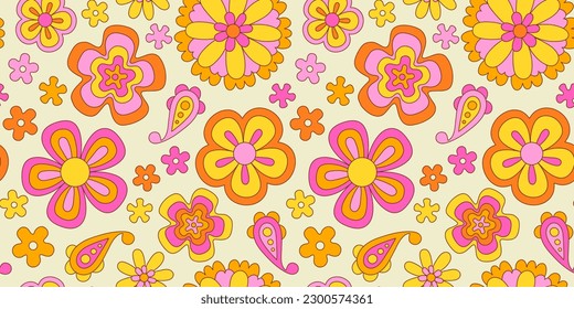 Vintage flower seamless pattern illustration. Retro psychedelic floral background art design. Groovy colorful spring texture, hippie seventies nature backdrop print with repeating daisy flowers.