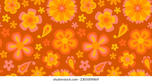 Vintage Blume nahtlose Mustergrafik. Retro psychedelische florale Hintergrund Kunst Design. Grosse, farbige Frühlingsstruktur, hippie 70er Naturhintergrund mit sich wiederholenden Blumen.