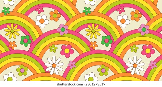 Vintage Blume nahtlose Mustergrafik. Retro psychedelische florale Hintergrund Kunst Design. Grosse, farbige Frühlingsstruktur, hippie 70er Naturhintergrund mit sich wiederholenden Blumen.