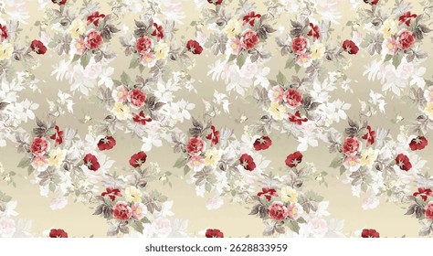Patrón sin fisuras de flores vintage con diseño de impresión textil digital de fondo de color metálico