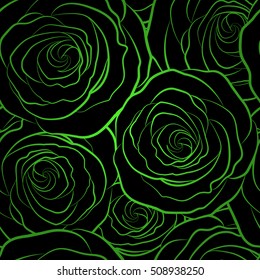 Vintage flower seamless pattern. Flower pattern with monochrome roses. Hand drawn flower pattern. Green roses pattern on a black background. Vector flower pattern sketch.