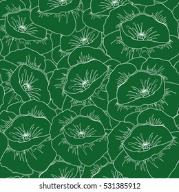 Vintage flower seamless pattern. Flower pattern with monochrome poppies. Hand drawn flower pattern. Green poppies pattern. Vector flower sketch.