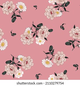Vintage Flower Seamless Pattern On Pink Background