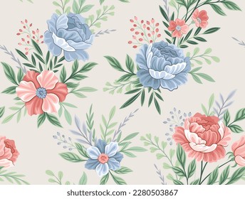 Vintage flower seamless pattern. Repeating design element for printing on fabric. Floristics and botany, symbol of spring seasons. Template with blooming plants. Cartoon flat vector illustration