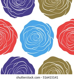 Vintage flower seamless pattern. Flower pattern with roses. Vector flower pattern sketch. Hand drawn flower pattern. Pink, violet and neutral roses pattern on a white background.