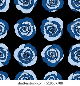 Vintage flower seamless pattern. Flower pattern with roses. Hand drawn flower pattern. Blue roses pattern on a black background. Vector flower pattern sketch.