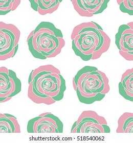 Vintage flower seamless pattern. Flower pattern with roses. Hand drawn flower pattern. Green and pink roses pattern on a white background. Vector flower pattern sketch.