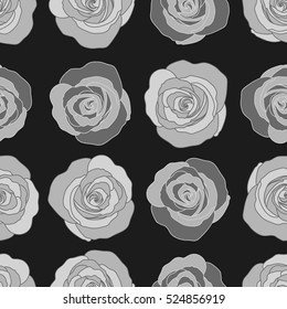 Vintage flower seamless pattern. Flower pattern with roses. Hand drawn flower pattern. Gray roses pattern on a black background. Vector flower pattern sketch.