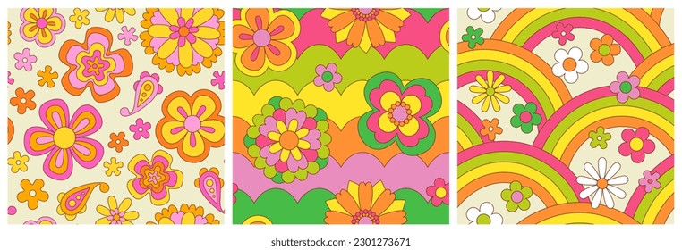 Vintage flower seamless pattern set. Retro psychedelic floral background art collection. Groovy colorful spring texture, hippie seventies nature backdrop print with repeating daisy flowers.
