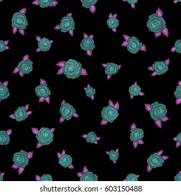 Vintage flower seamless pattern. Vector floral sketch. Flower pattern with roses. Hand drawn pink and blue roses pattern on a black background.