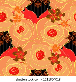Vintage flower seamless pattern. Yellow, orange and red roses pattern. Hand drawn rose flowers. Vector floral sketch. Flower pattern with roses.