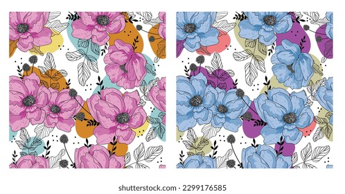 Vintage flower seamless vector pattern on background, Flowers and leaves, watercolor, can be used as greeting card, invitation card for wedding, birthday and other holiday and summer background. 