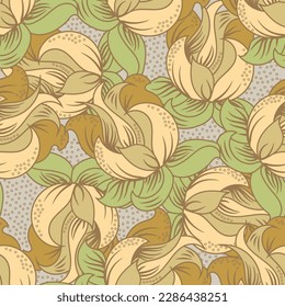Vintage flower seamless vector texture pattern background. Overlapping perennial orange yellow green flowers dense backdrop. Arts and Crafts style painterly textural design. Cottagecore for summer