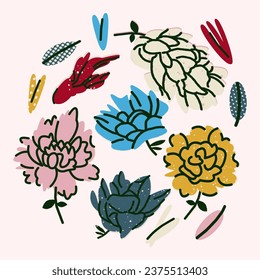 Vintage flower set with hydrangea, rose, peony, carnation and leaves. Vector flowers for cards, posters, designs