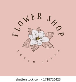 Diseño del logo de la florería Vintage con magnolia
