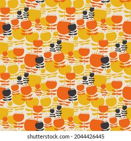 Vintage flower silhouette seamless pattern in yellow and orange for background, fabric, textile, wrap, surface, web and print design. floral textile vector tile rapport in retro color. 
