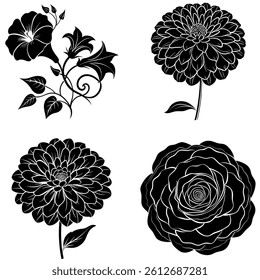 Vintage Flower Silhouette Vector Set – Elegant Bloom and Botanical Clipart