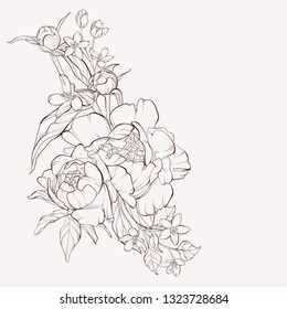 Vintage flower vector card drawing. Peony, rose, leaves and wildflowers sketch composition. Engraved botanical bouquet. Hand drawn floral wedding invitation, label template, anniversary card.