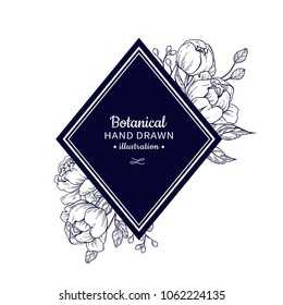 Vintage flower vector frame drawing. Peony, rose, leaves and berry sketch composition. Engraved botanical bouquet. Hand drawn floral wedding invitation, label template, anniversary card.