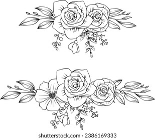 imagen vectorial de flor vintage. Composición de esbozo, rosas y hojas, flores dibujadas a mano negra y blanca
