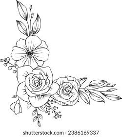 vintage flower vector image. Sketch composition, roses, and leaves, black and white hand drawn flowers